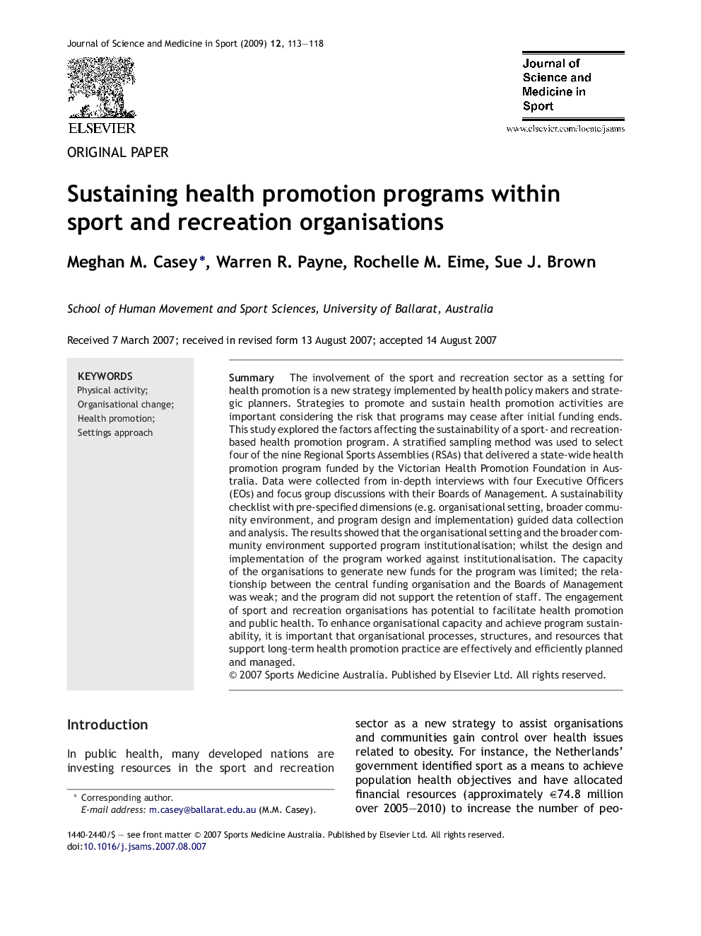 Sustaining health promotion programs within sport and recreation organisations