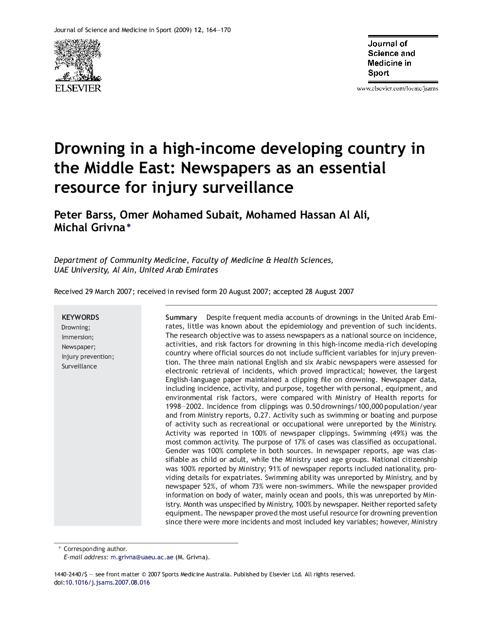 Drowning in a high-income developing country in the Middle East: Newspapers as an essential resource for injury surveillance