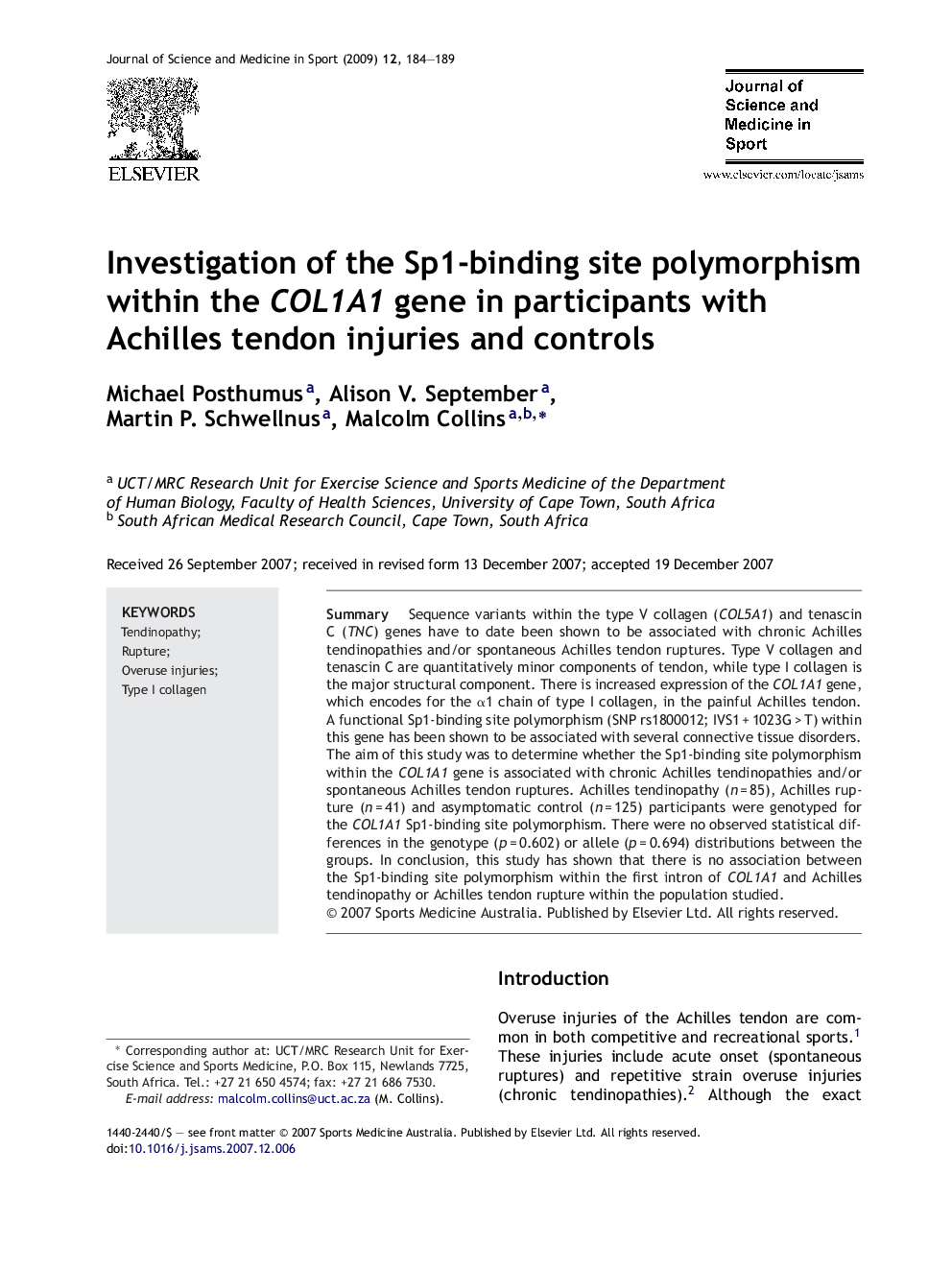 Investigation of the Sp1-binding site polymorphism within the COL1A1 gene in participants with Achilles tendon injuries and controls