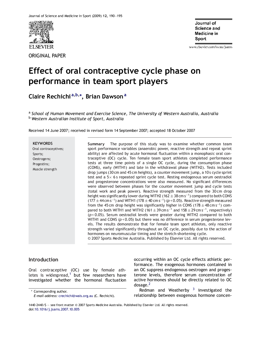 Effect of oral contraceptive cycle phase on performance in team sport players