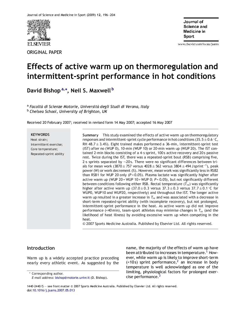 Effects of active warm up on thermoregulation and intermittent-sprint performance in hot conditions