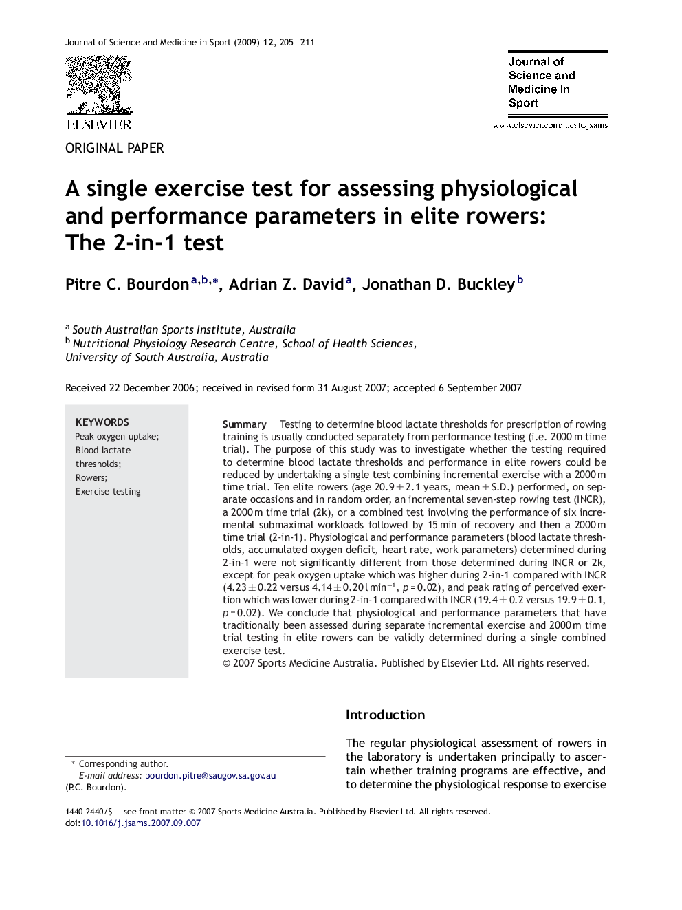 A single exercise test for assessing physiological and performance parameters in elite rowers: The 2-in-1 test