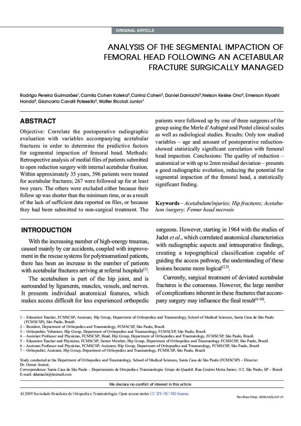 ANALYSIS OF THE SEGMENTAL IMPACTION OF FEMORAL HEAD FOLLOWING AN ACETABULAR FRACTURE SURGICALLY MANAGED