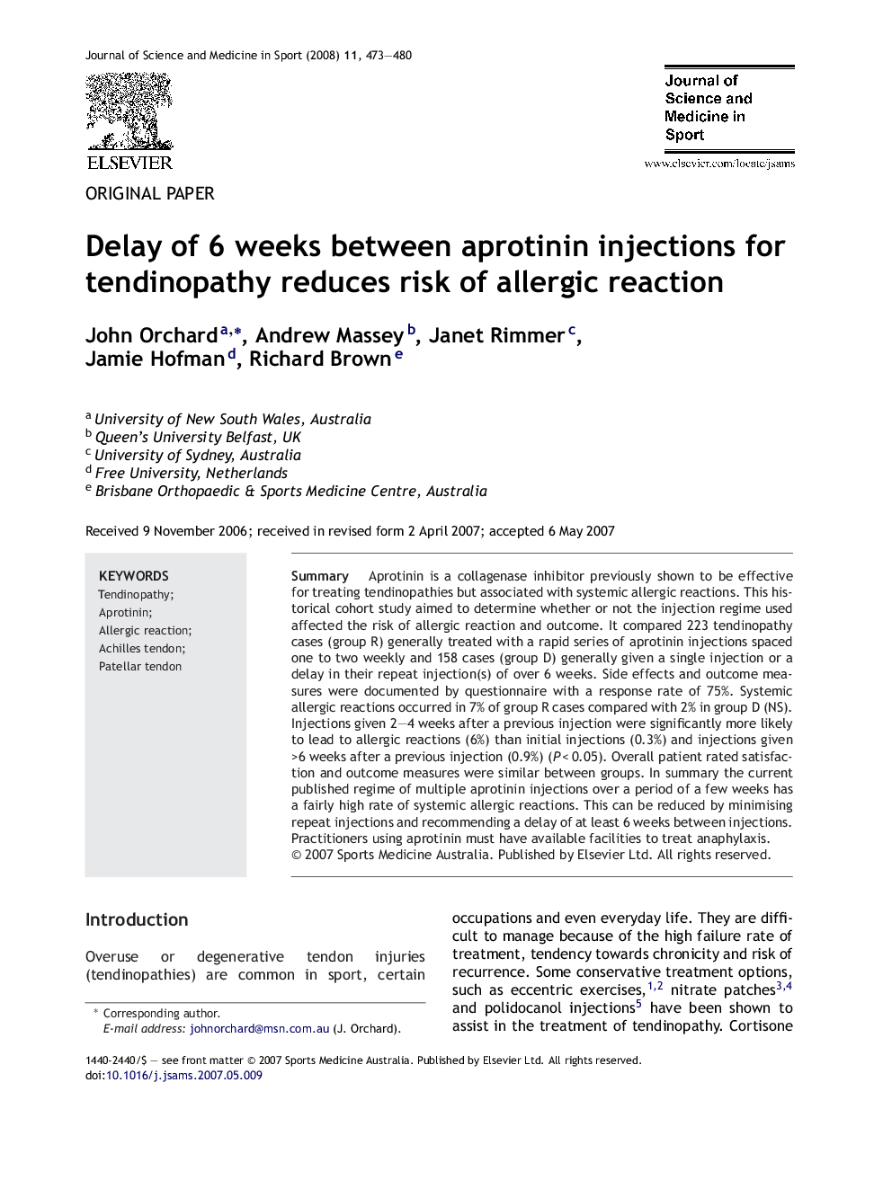 Delay of 6 weeks between aprotinin injections for tendinopathy reduces risk of allergic reaction