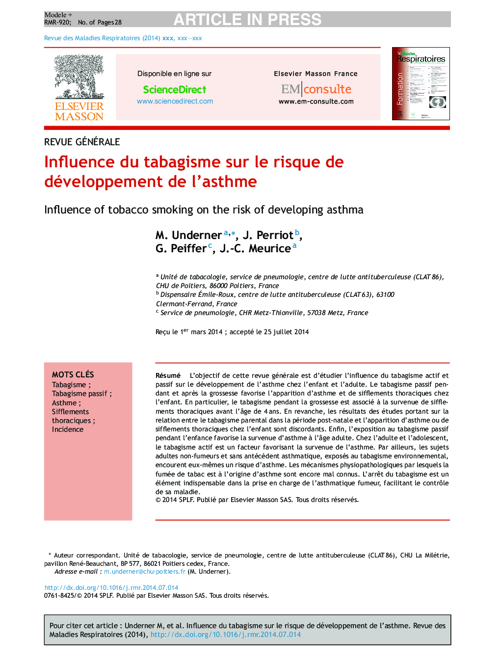 عکس صفحه اول مقاله: Influence du tabagisme sur le risque de développement de l'asthme Influence du tabagisme sur le risque de développement de l'asthme