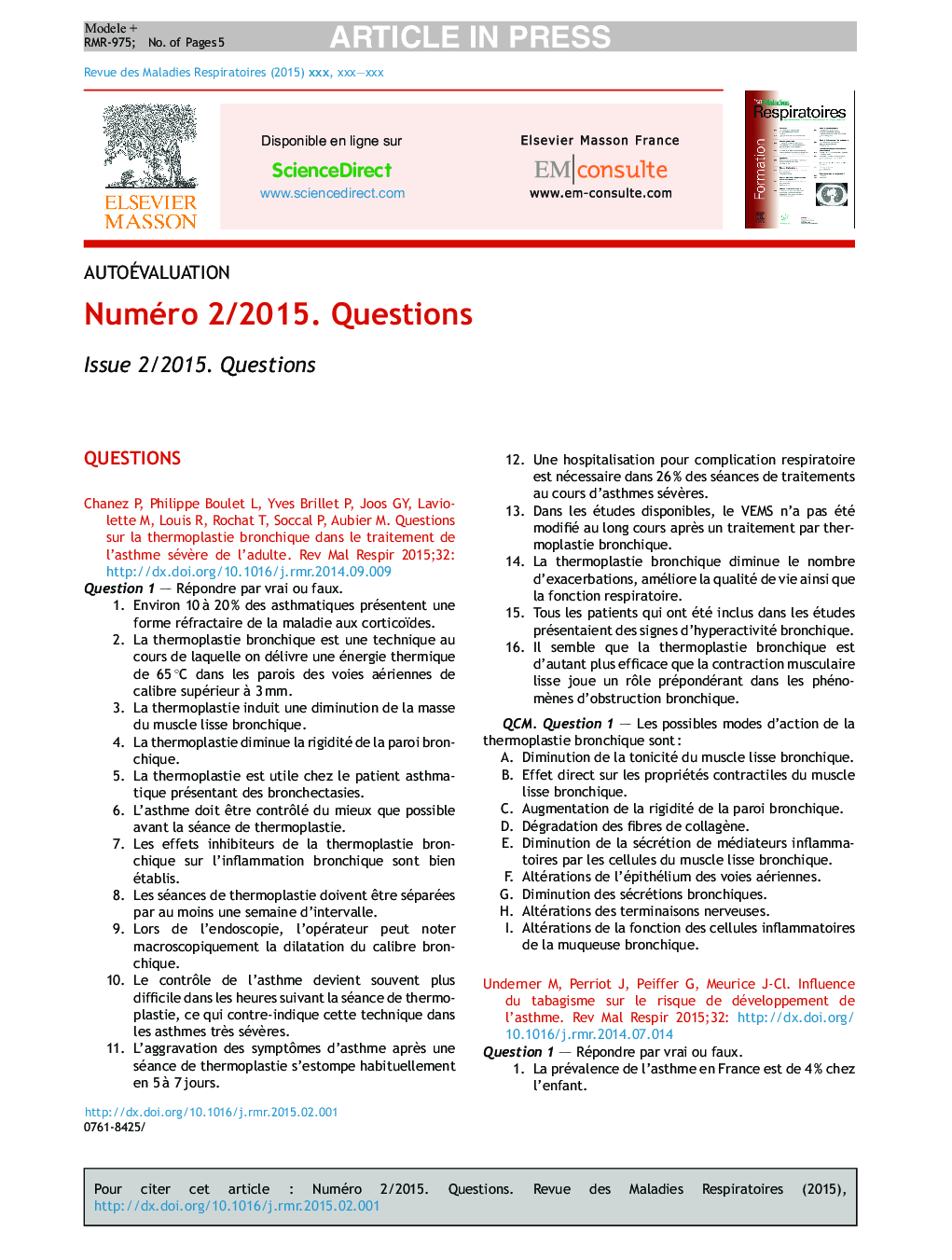 عکس صفحه اول مقاله: Numéro 2/2015. Questions Numéro 2/2015. Questions