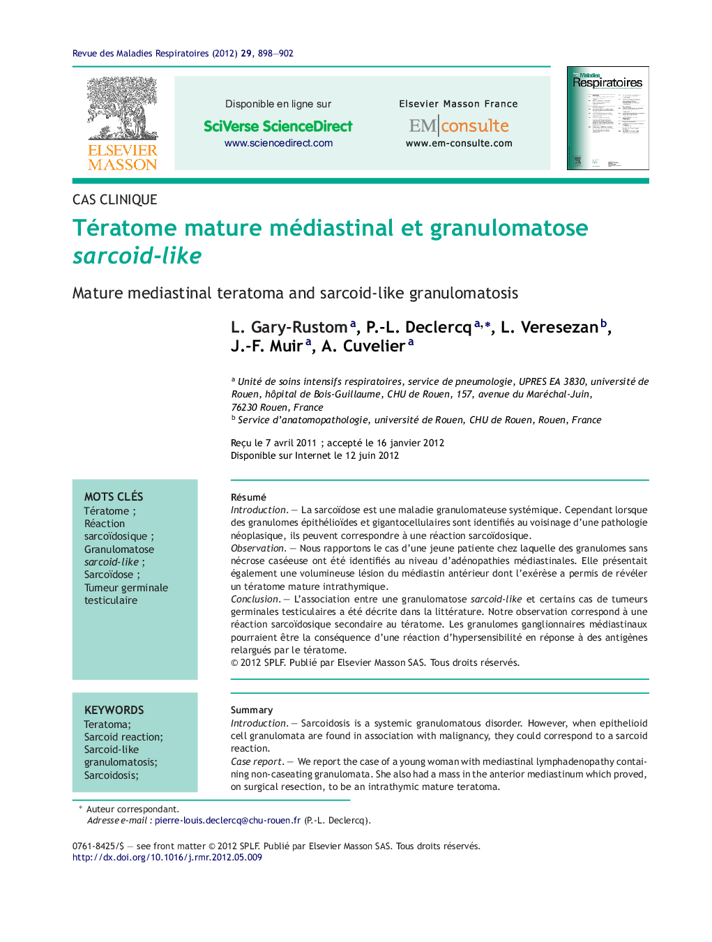 Tératome mature médiastinal et granulomatose sarcoid-like