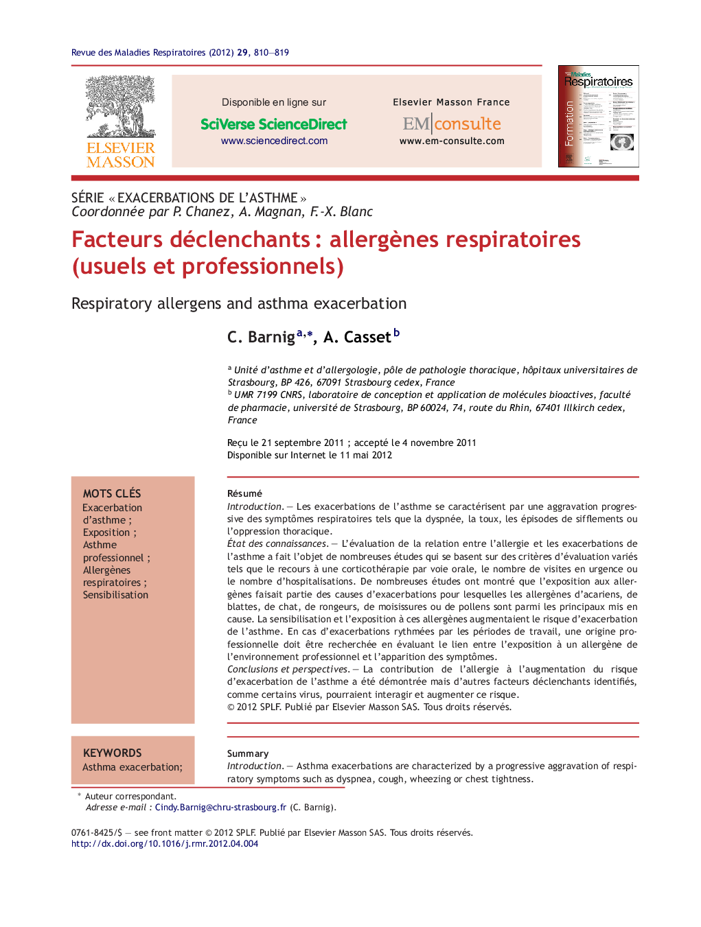 Facteurs déclenchantsÂ : allergÃ¨nes respiratoires (usuels et professionnels)