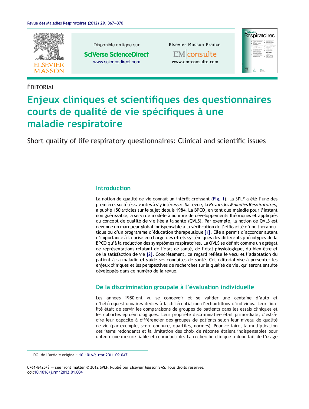 عکس صفحه اول مقاله: Enjeux cliniques et scientifiques des questionnaires courts de qualité de vie spécifiques à une maladie respiratoire Enjeux cliniques et scientifiques des questionnaires courts de qualité de vie spécifiques à une maladie respiratoire