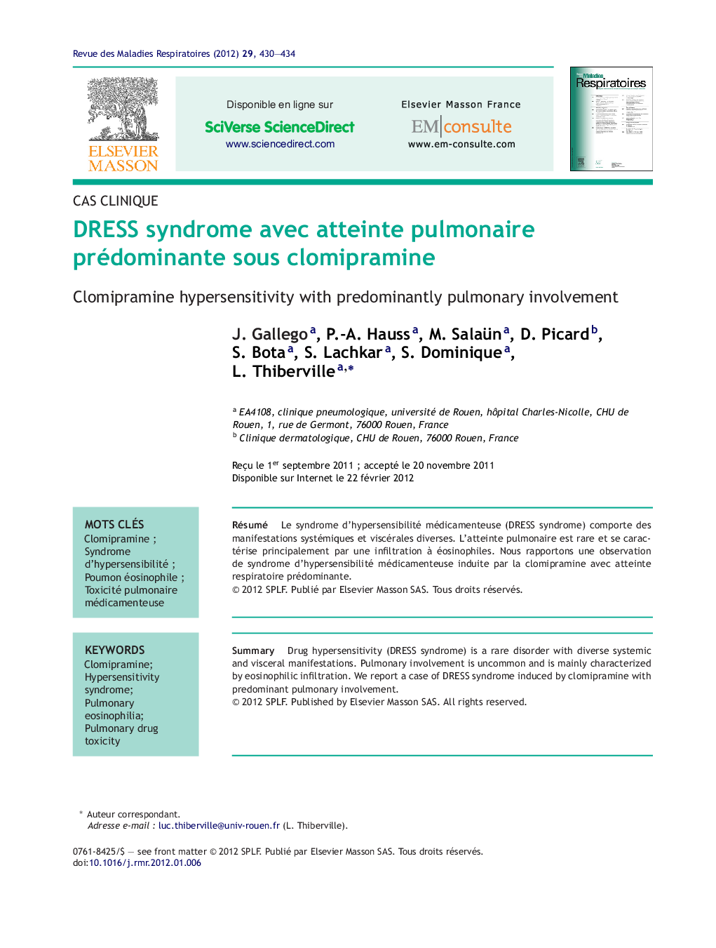 DRESS syndrome avec atteinte pulmonaire prédominante sous clomipramine