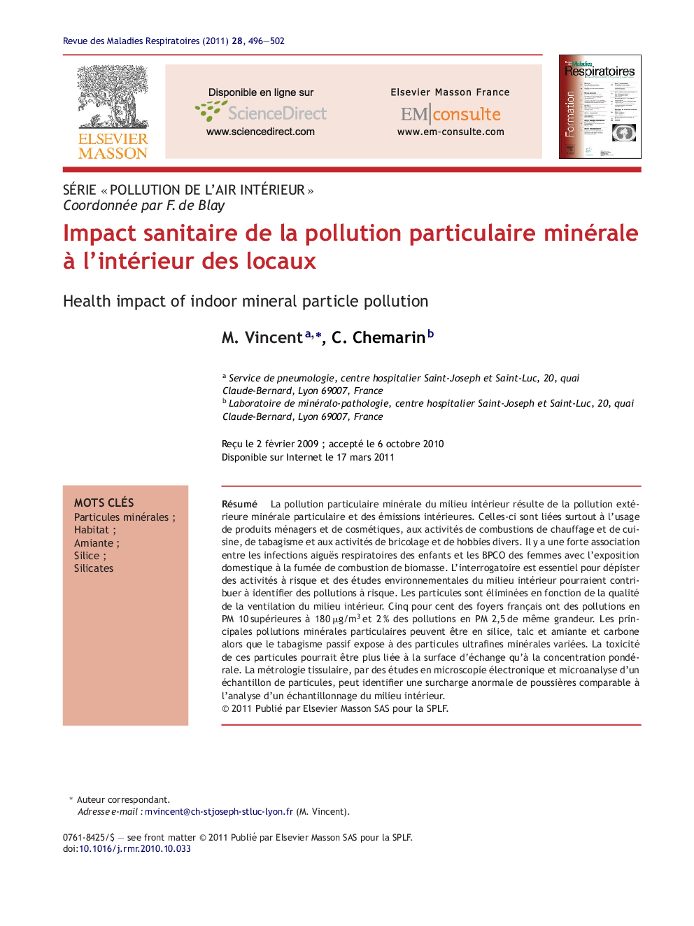 عکس صفحه اول مقاله: Impact sanitaire de la pollution particulaire minérale à l'intérieur des locaux Impact sanitaire de la pollution particulaire minérale à l'intérieur des locaux