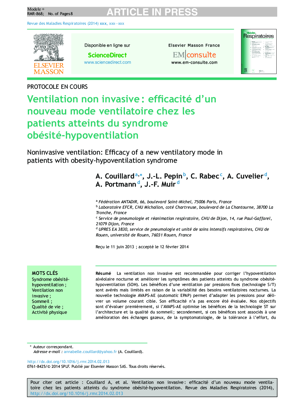 Ventilation non invasiveÂ : efficacité d'un nouveau mode ventilatoire chez les patients atteints du syndrome obésité-hypoventilation
