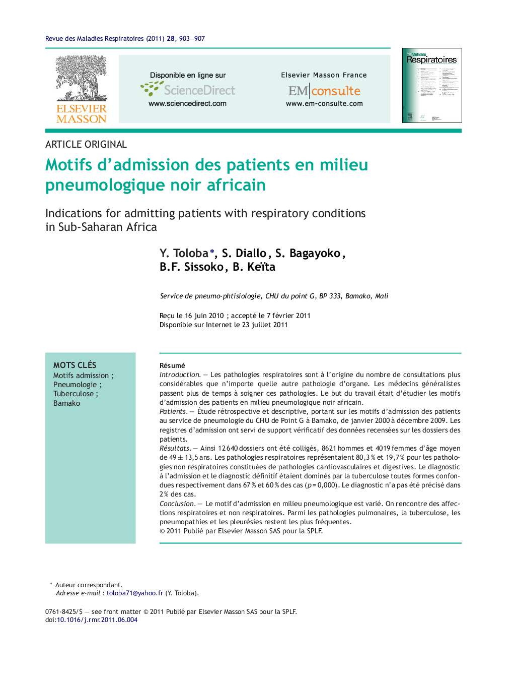 Motifs d'admission des patients en milieu pneumologique noir africain