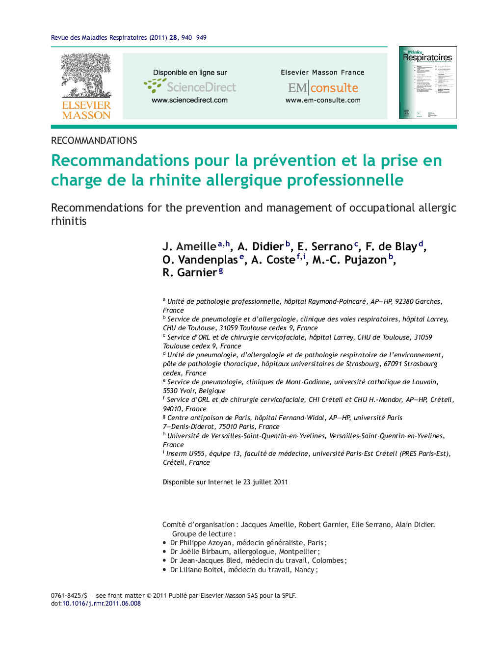 Recommandations pour la prévention et la prise en charge de la rhinite allergique professionnelle