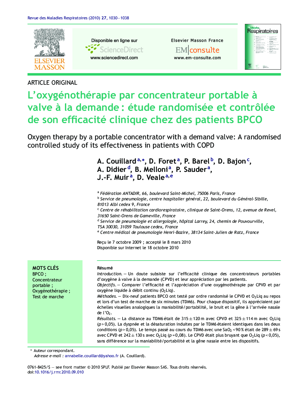 L'oxygénothérapie par concentrateur portable Ã  valve Ã  la demandeÂ : étude randomisée et contrÃ´lée de son efficacité clinique chez des patients BPCO