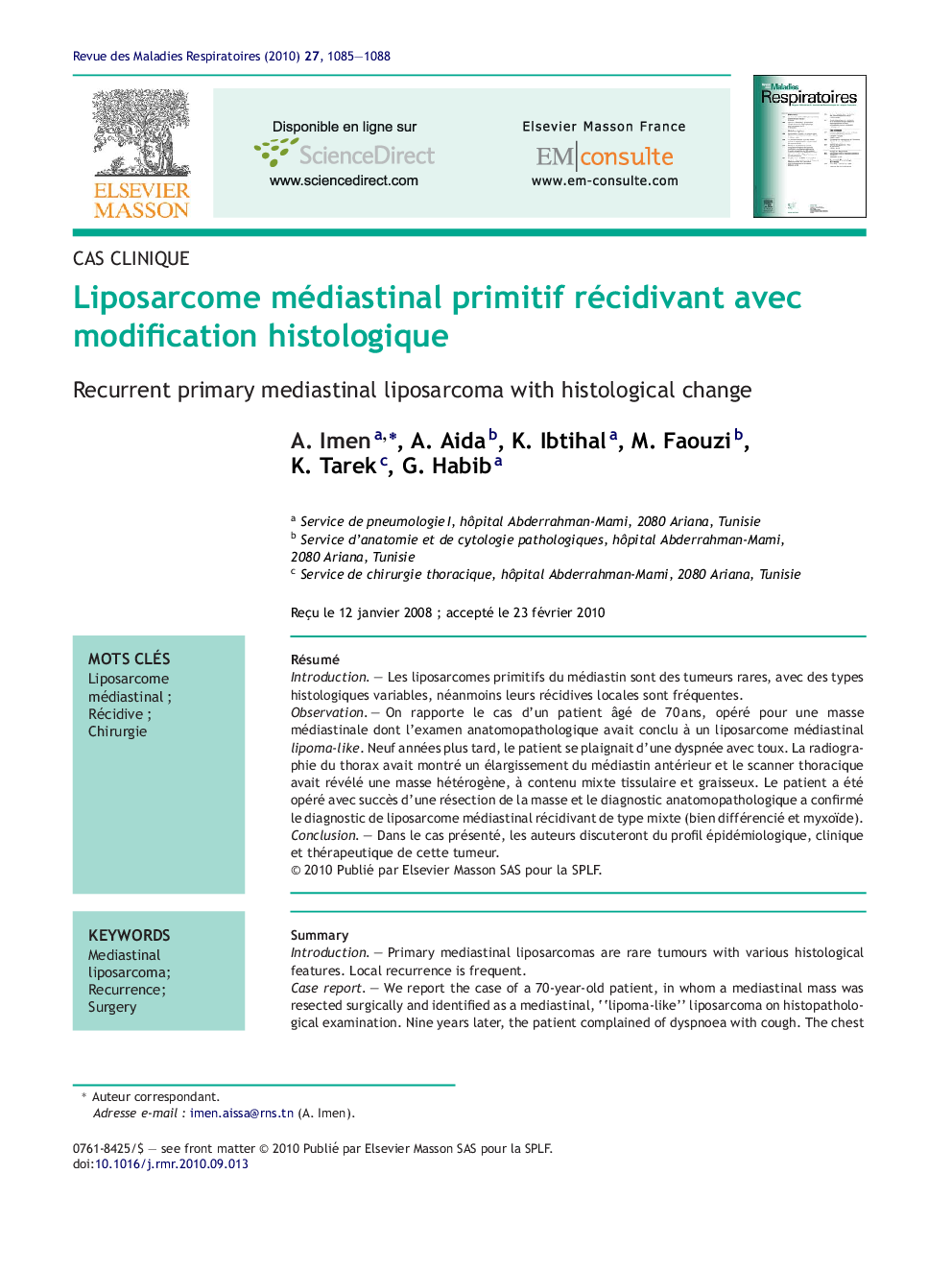 Liposarcome médiastinal primitif récidivant avec modification histologique