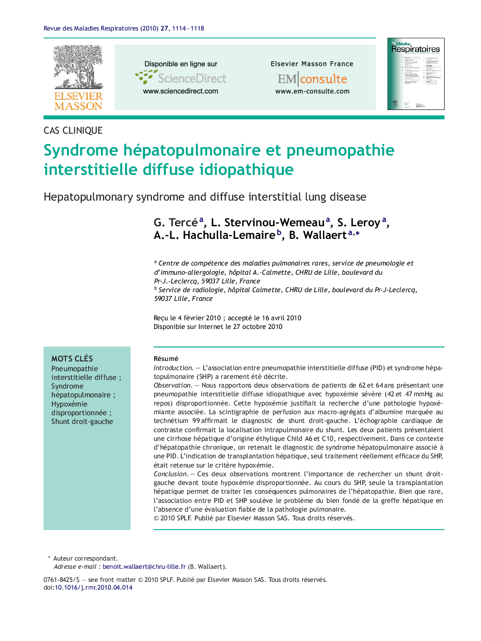 Syndrome hépatopulmonaire et pneumopathie interstitielle diffuse idiopathique