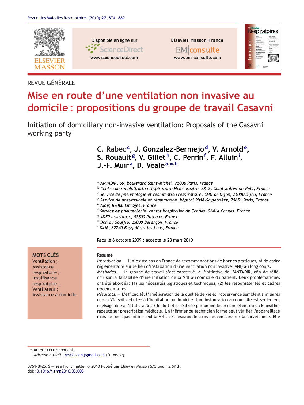 Mise en route d'une ventilation non invasive au domicileÂ : propositions du groupe de travail Casavni