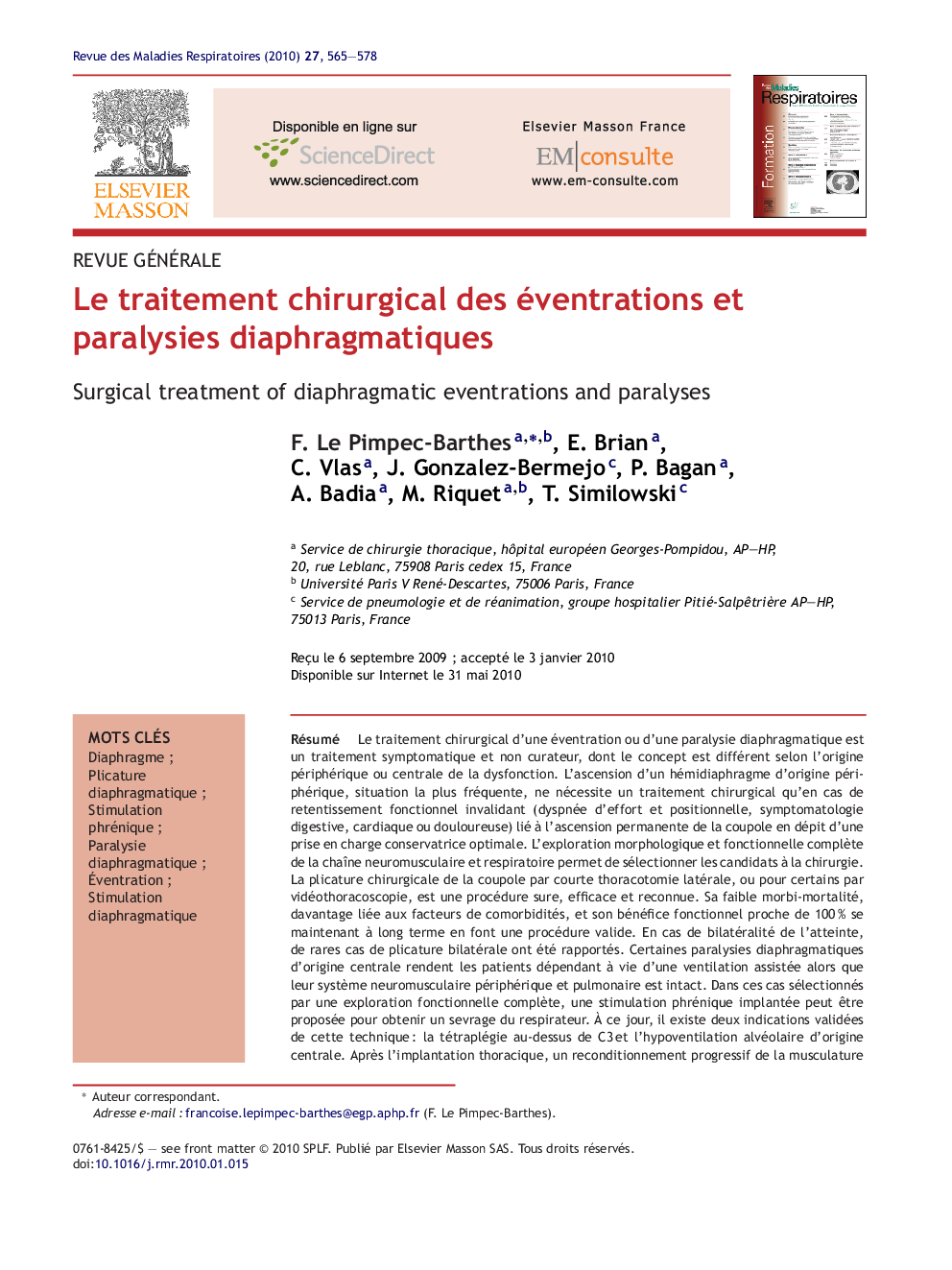 Le traitement chirurgical des éventrations et paralysies diaphragmatiques