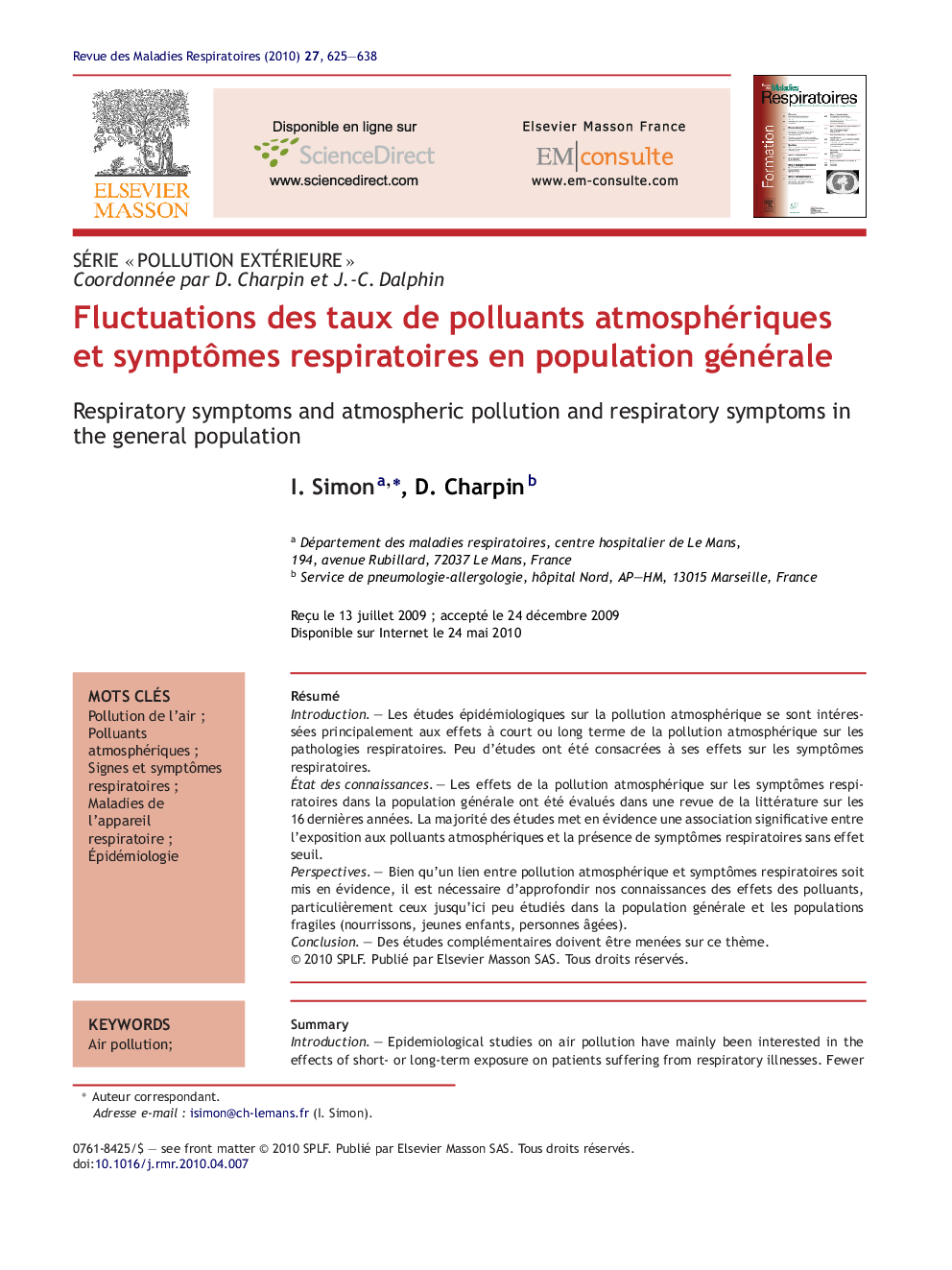 Fluctuations des taux de polluants atmosphériques et symptÃ´mes respiratoires en population générale