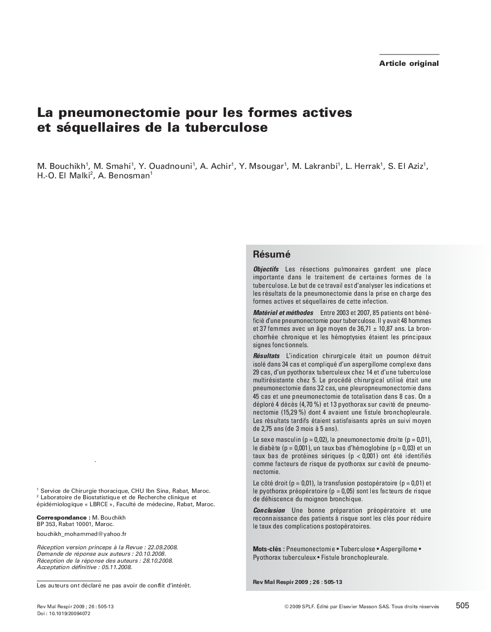 La pneumonectomie pour les formes actives et séquellaires de la tuberculose