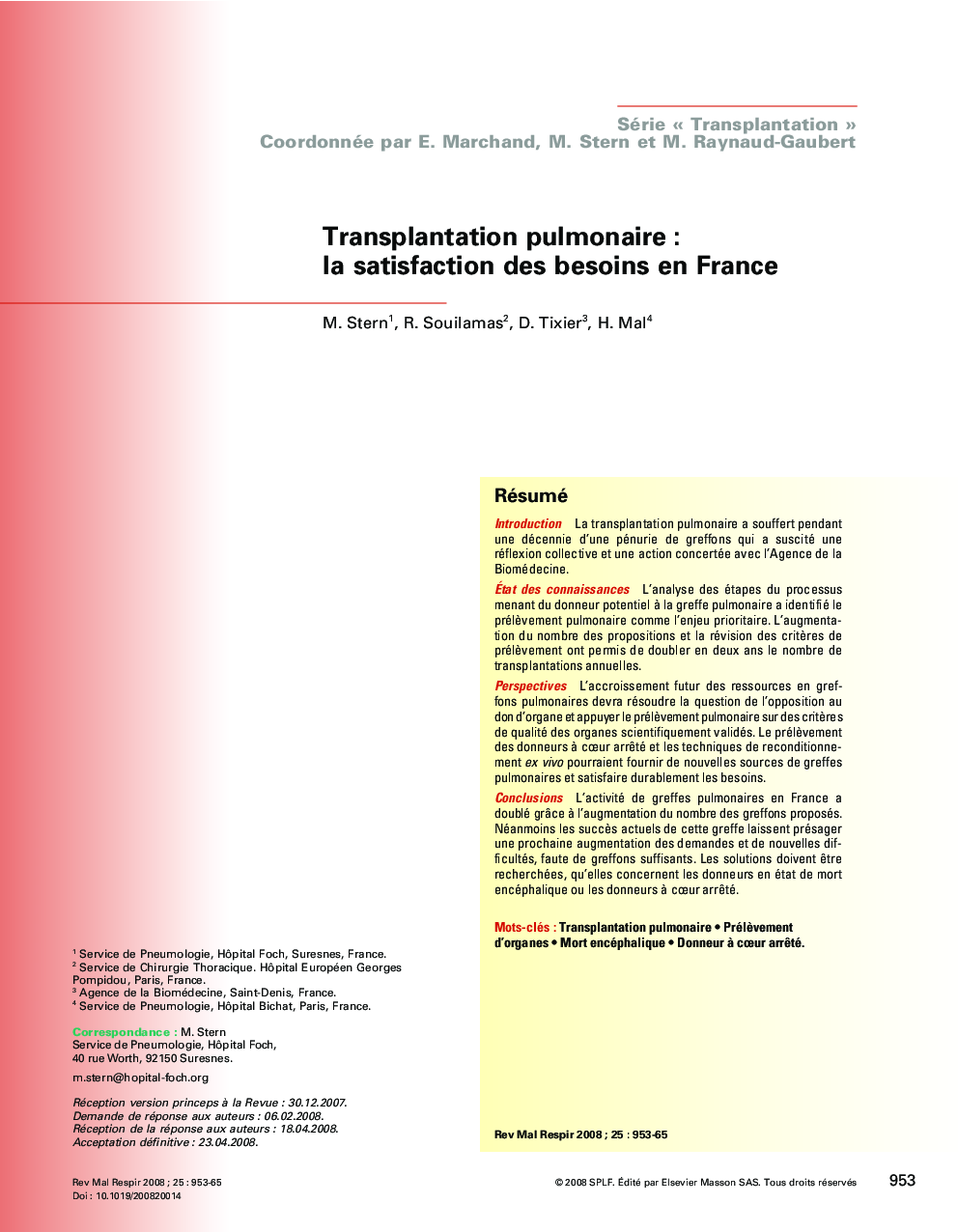 Transplantation pulmonaire : la satisfaction des besoins en France