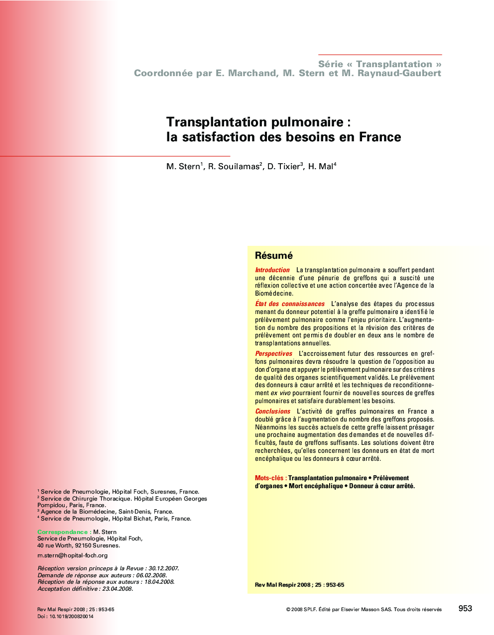 عکس صفحه اول مقاله: Transplantation pulmonaire : la satisfaction des besoins en France Transplantation pulmonaire : la satisfaction des besoins en France