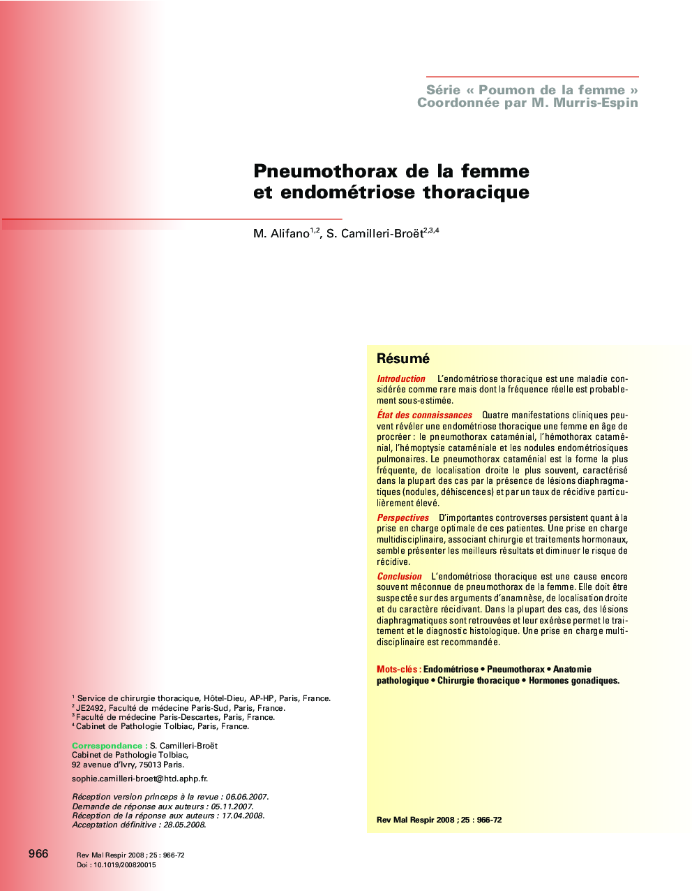 Pneumothorax de la femme et endométriose thoracique