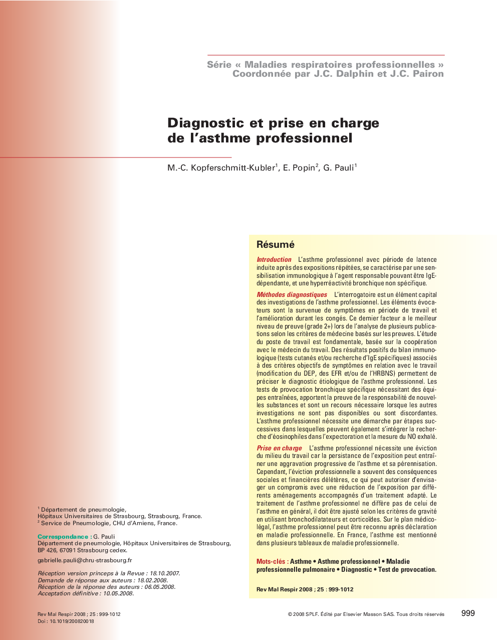 عکس صفحه اول مقاله: Diagnostic et prise en charge de l'asthme professionnel Diagnostic et prise en charge de l'asthme professionnel