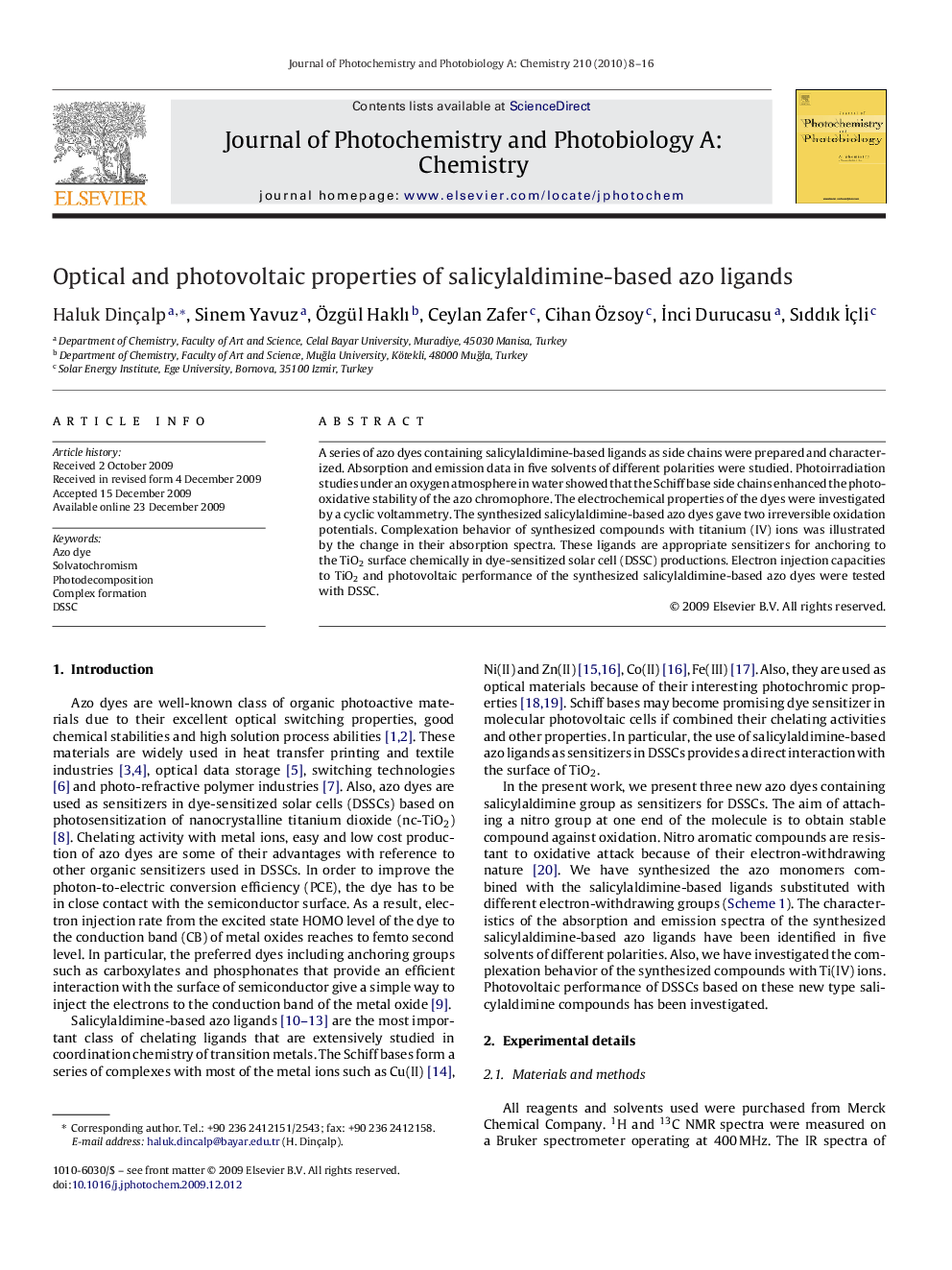 Optical and photovoltaic properties of salicylaldimine-based azo ligands