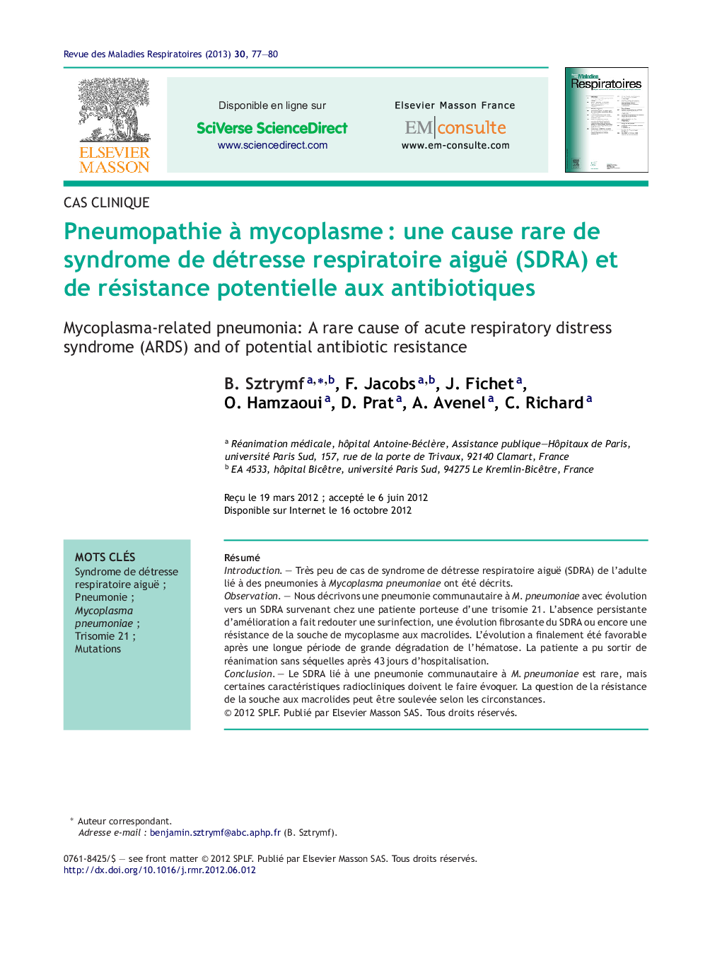 عکس صفحه اول مقاله: Pneumopathie à mycoplasme : une cause rare de syndrome de détresse respiratoire aiguë (SDRA) et de résistance potentielle aux antibiotiques Pneumopathie à mycoplasme : une cause rare de syndrome de détresse respiratoire aiguë (SDRA) et de résistance potentielle aux antibiotiques