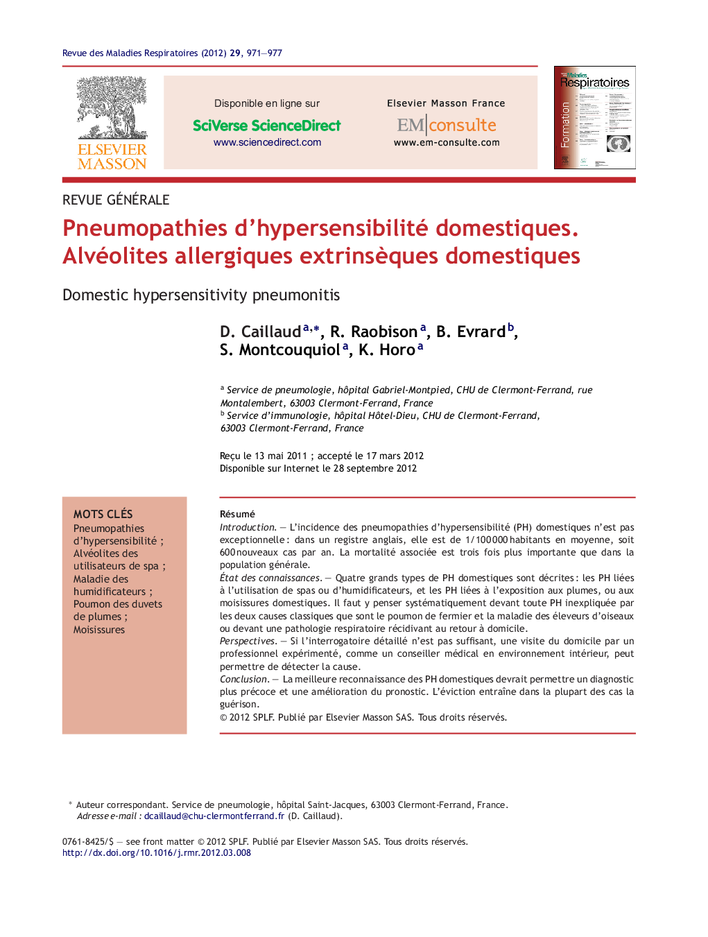 عکس صفحه اول مقاله: Pneumopathies d'hypersensibilité domestiques. Alvéolites allergiques extrinsèques domestiques Pneumopathies d'hypersensibilité domestiques. Alvéolites allergiques extrinsèques domestiques