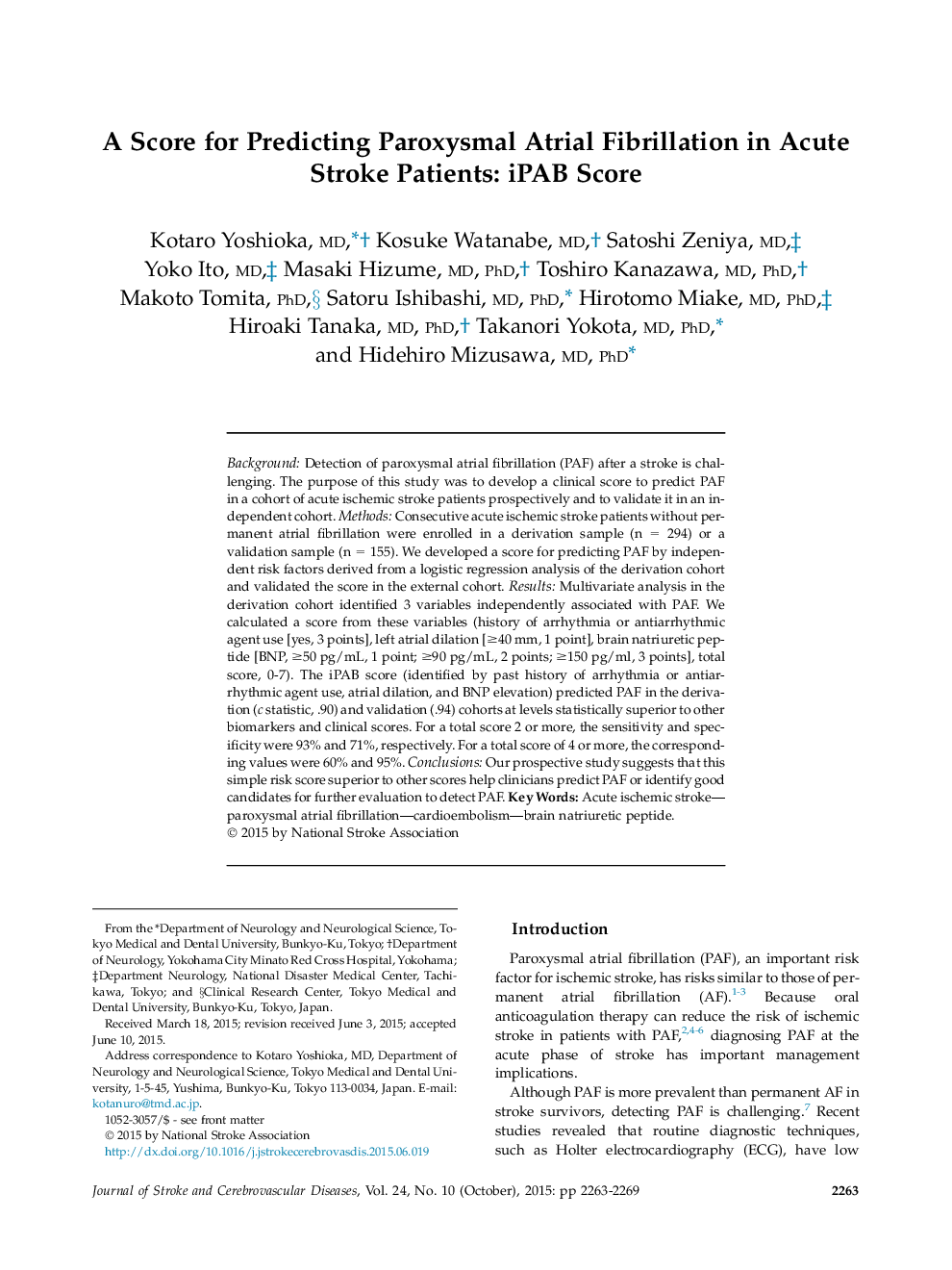 A Score for Predicting Paroxysmal Atrial Fibrillation in Acute Stroke Patients: iPAB Score