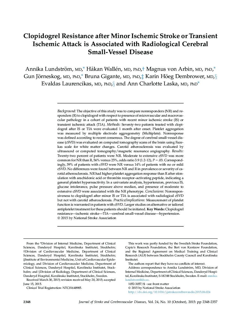 Clopidogrel Resistance after Minor Ischemic Stroke or Transient Ischemic Attack is Associated with Radiological Cerebral Small-Vessel Disease 