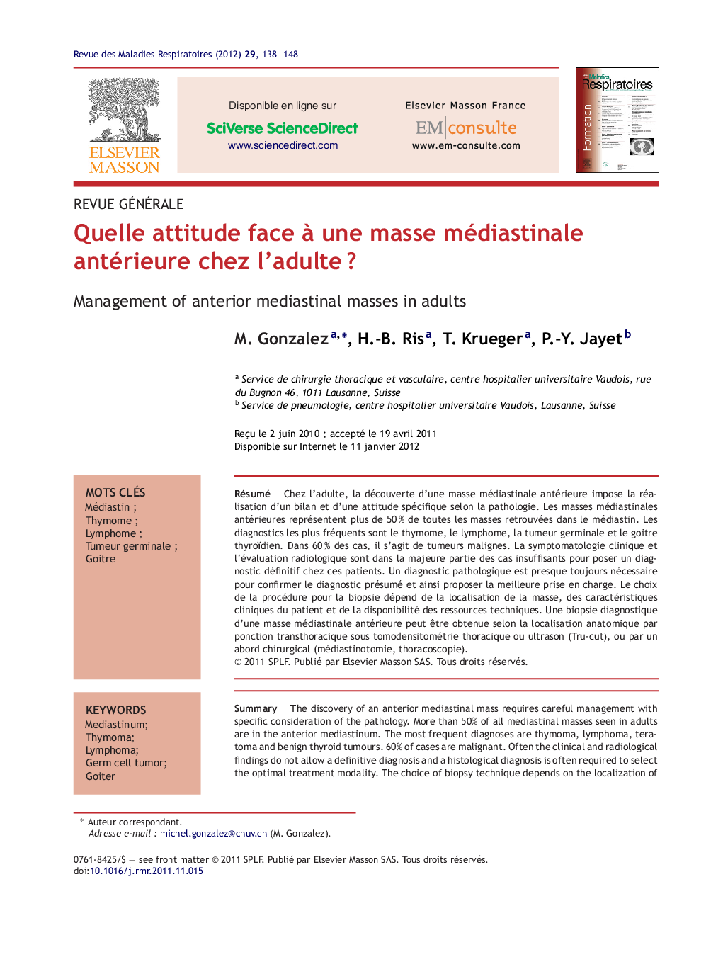 عکس صفحه اول مقاله: Quelle attitude face à une masse médiastinale antérieure chez l'adulte ? Quelle attitude face à une masse médiastinale antérieure chez l'adulte ?