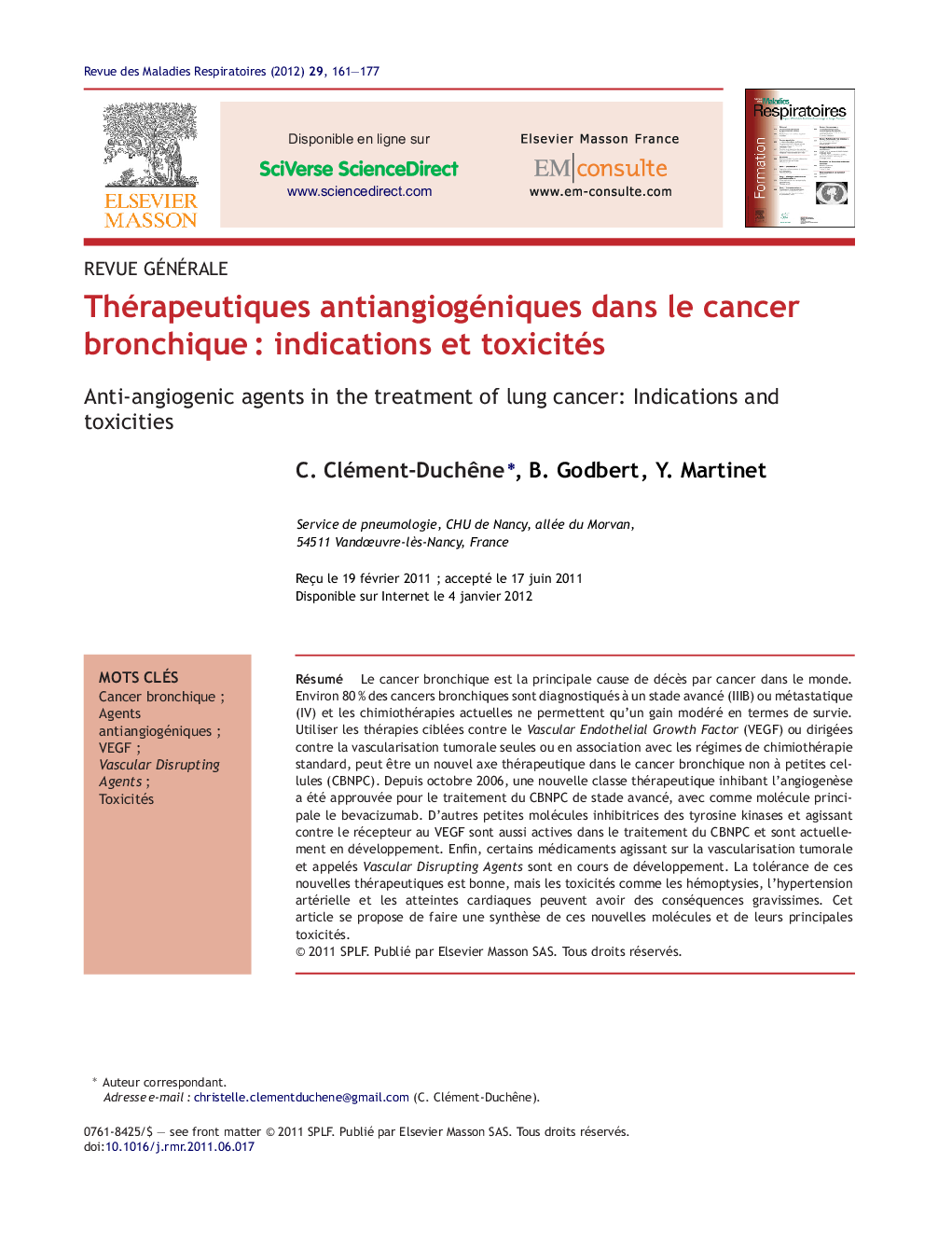 عکس صفحه اول مقاله: Thérapeutiques antiangiogéniques dans le cancer bronchique : indications et toxicités Thérapeutiques antiangiogéniques dans le cancer bronchique : indications et toxicités