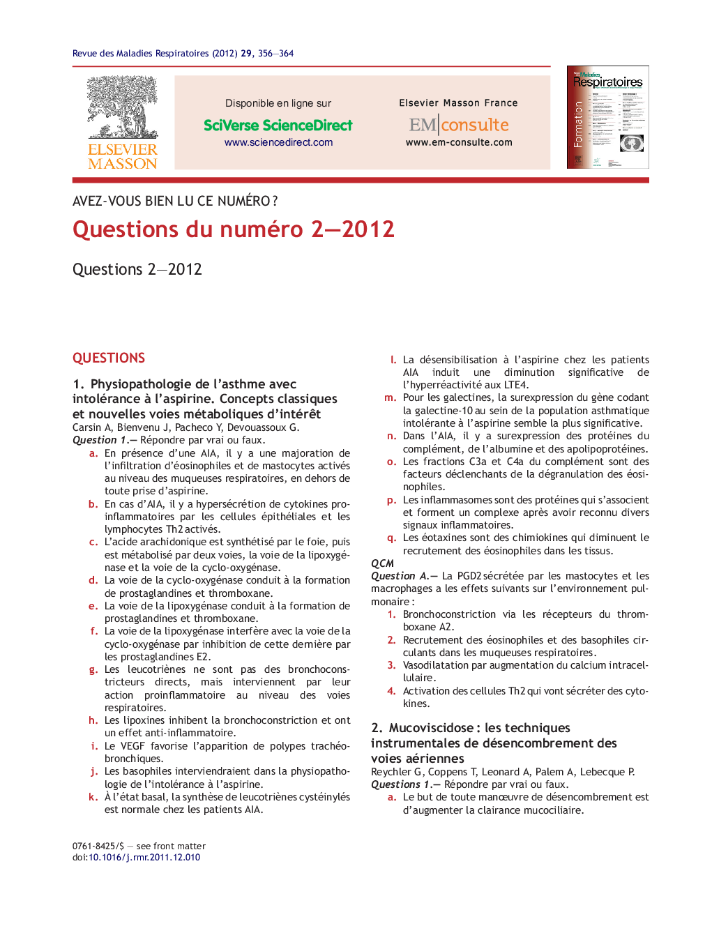 عکس صفحه اول مقاله: Questions du numéro 2-2012 Questions du numéro 2-2012