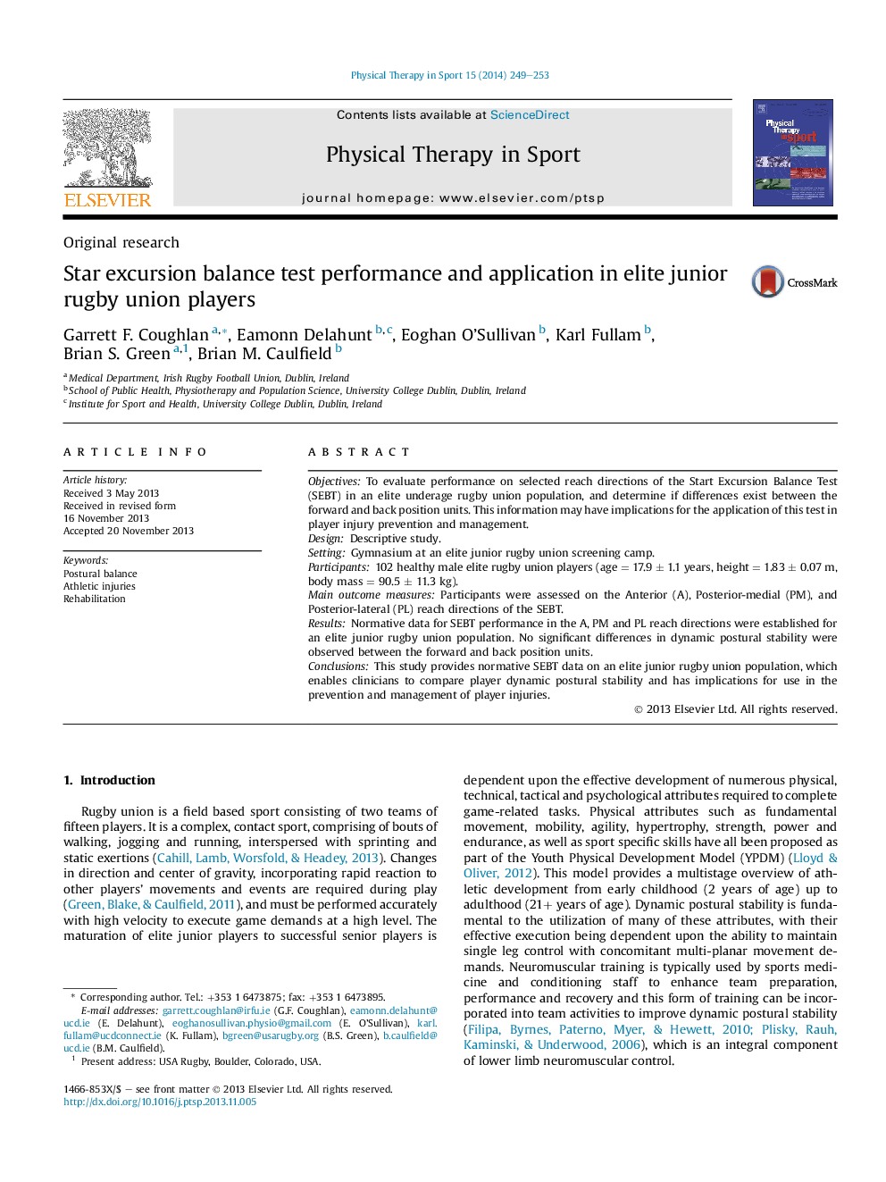 Star excursion balance test performance and application in elite junior rugby union players