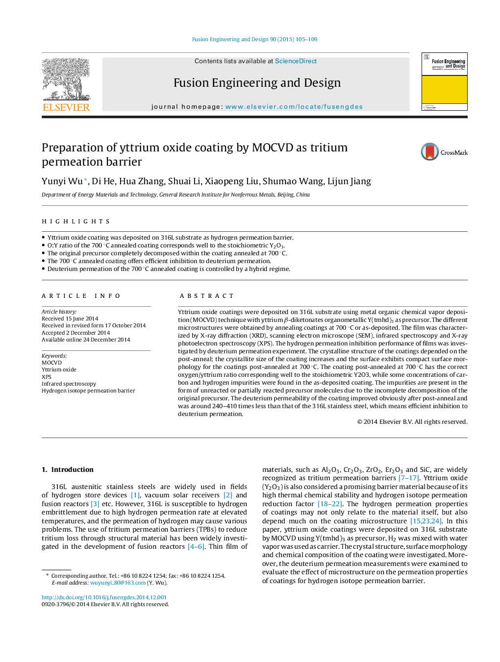 Preparation of yttrium oxide coating by MOCVD as tritium permeation barrier