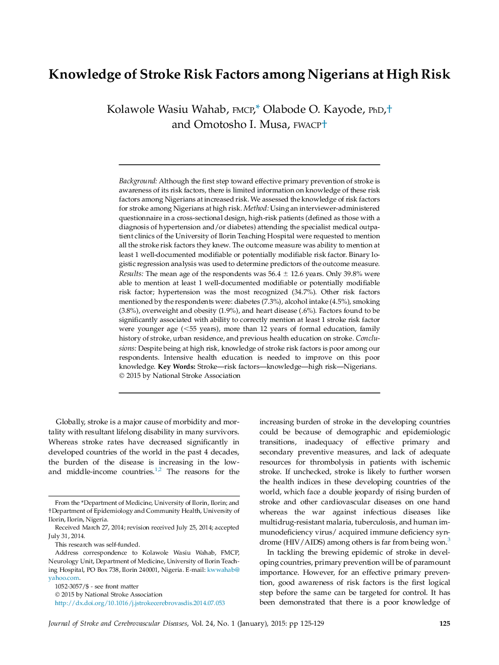 آگاهی از عوامل خطر سکته مغزی در میان نیجریه با خطر بالا 