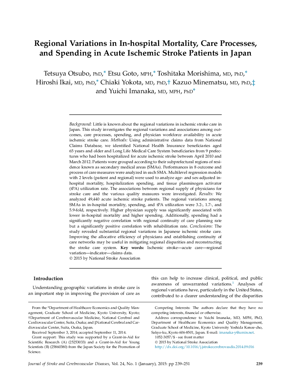 Regional Variations in In-hospital Mortality, Care Processes, and Spending in Acute Ischemic Stroke Patients in Japan 