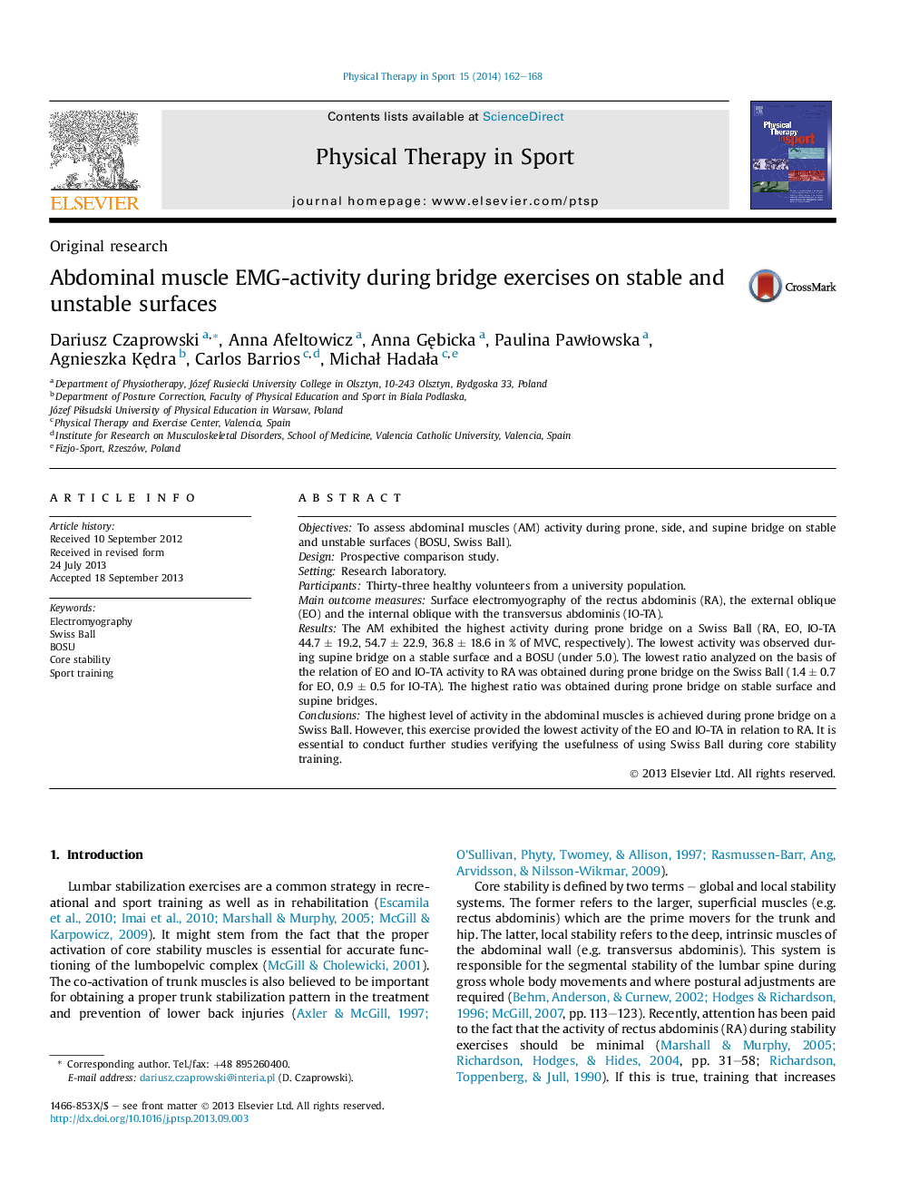 Abdominal muscle EMG-activity during bridge exercises on stable and unstable surfaces