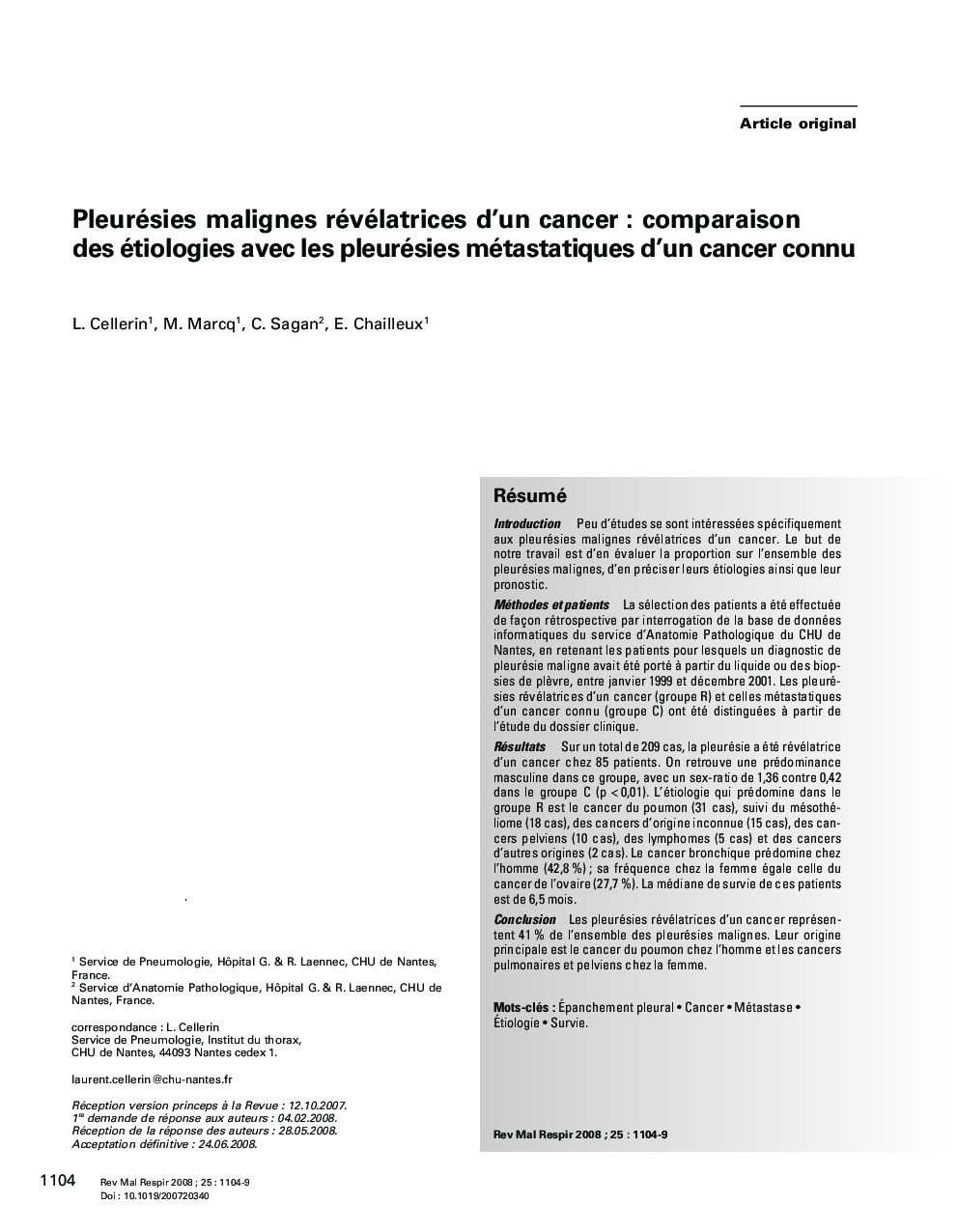 Pleurésies malignes révélatrices d'un cancerÂ : comparaison des étiologies avec les pleurésies métastatiques d'un cancer connu