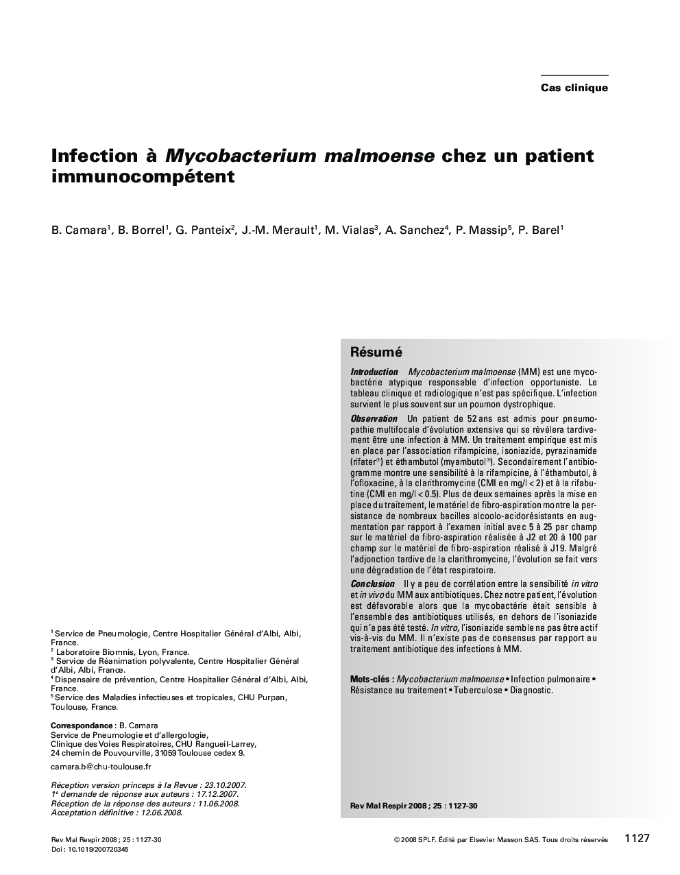 Infection Ã  Mycobacterium malmoense chez un patient immunocompétent