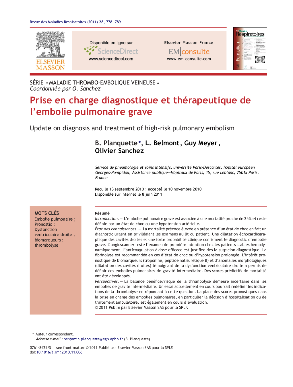 Prise en charge diagnostique et thérapeutique de l'embolie pulmonaire grave