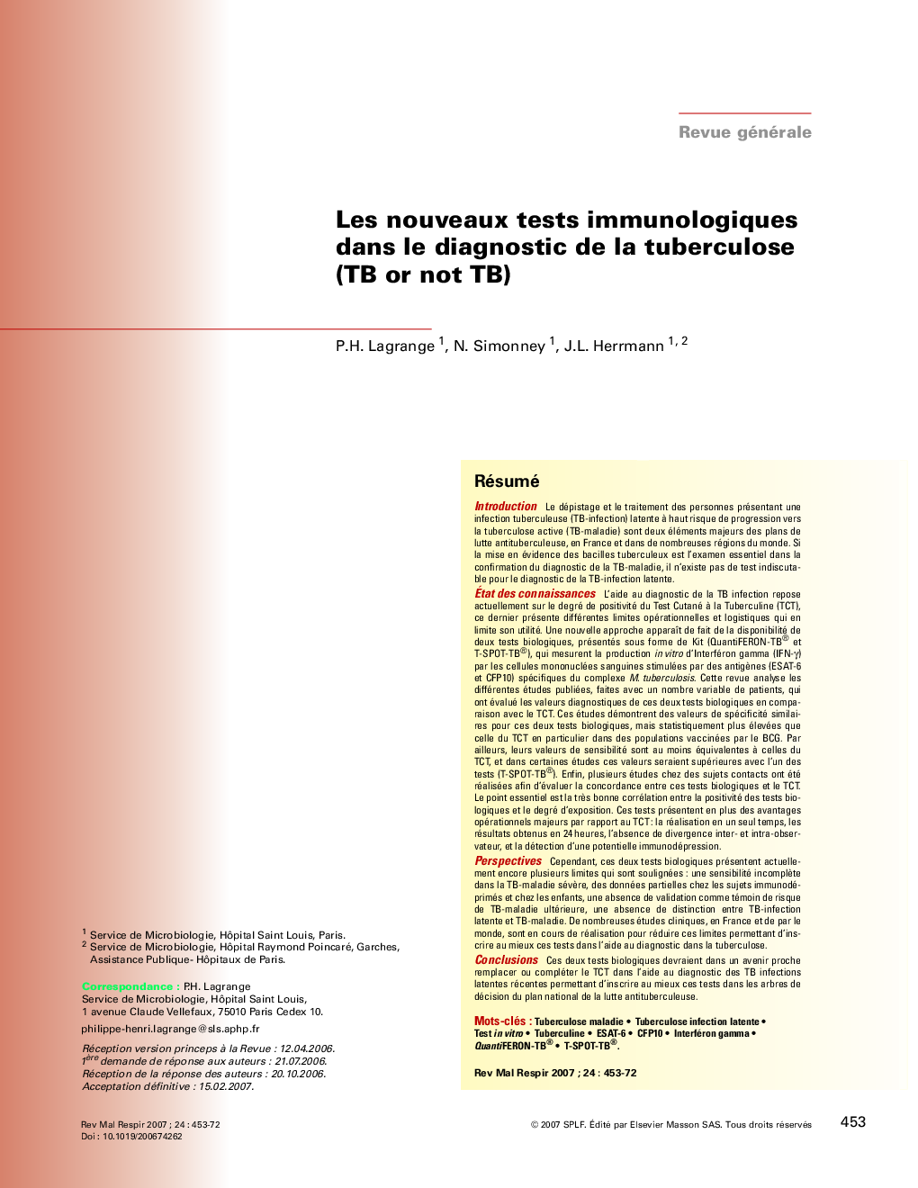 عکس صفحه اول مقاله: Les nouveaux tests immunologiques dans le diagnostic de la tuberculose (TB or not TB) Les nouveaux tests immunologiques dans le diagnostic de la tuberculose (TB or not TB)