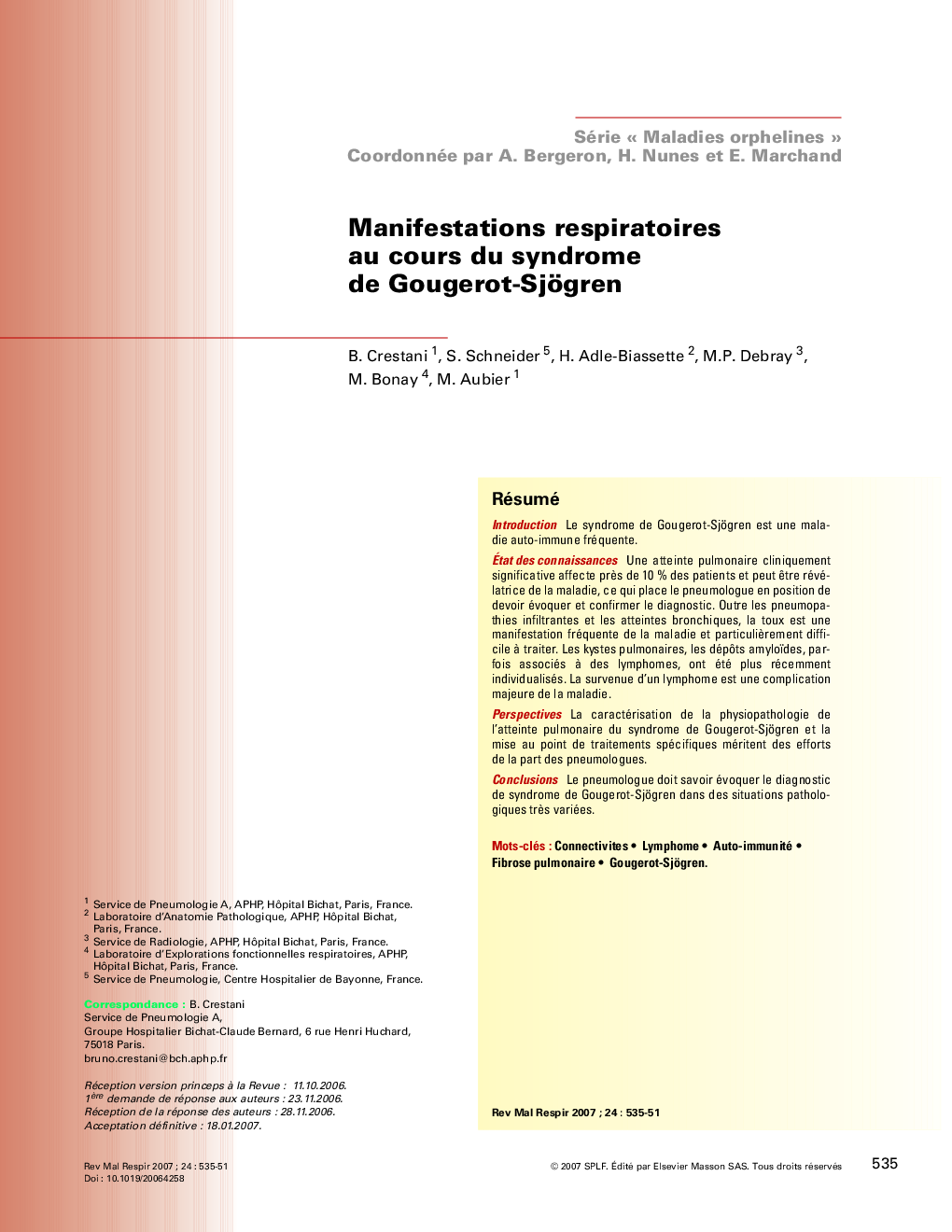 Manifestations respiratoires au cours du syndrome de Gougerot-Sjögren