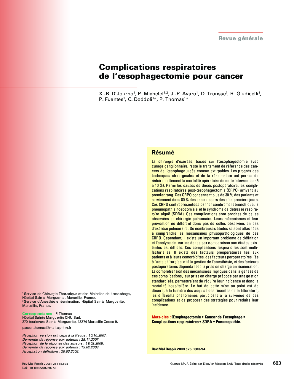 Complications respiratoires de l'Åsophagectomie pour cancer
