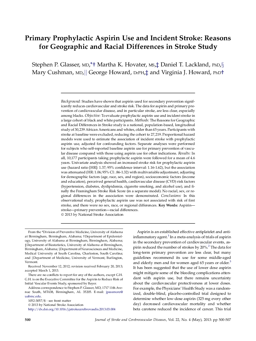 Primary Prophylactic Aspirin Use and Incident Stroke: Reasons for Geographic and Racial Differences in Stroke Study 