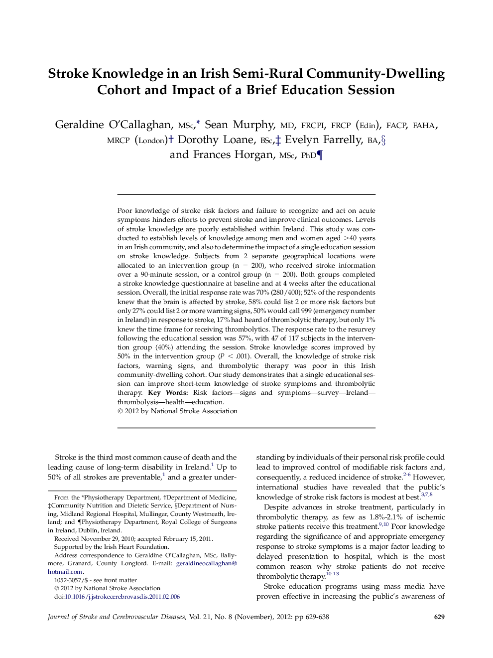 Stroke Knowledge in an Irish Semi-Rural Community-Dwelling Cohort and Impact of a Brief Education Session 